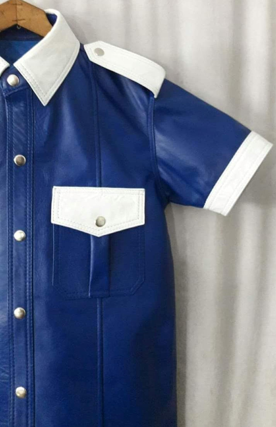 Men's Real Cowhide Leather Carpenter Pants & Police Shirt Blue & White BLUF Suit