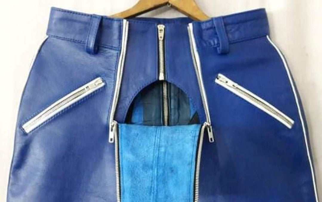 Men's Real Cowhide Leather Carpenter Pants & Police Shirt Blue & White BLUF Suit