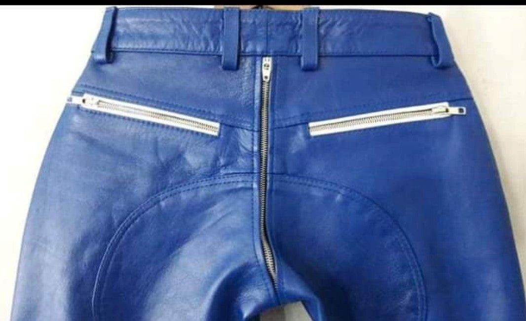 Men's Real Cowhide Leather Carpenter Pants & Police Shirt Blue & White BLUF Suit