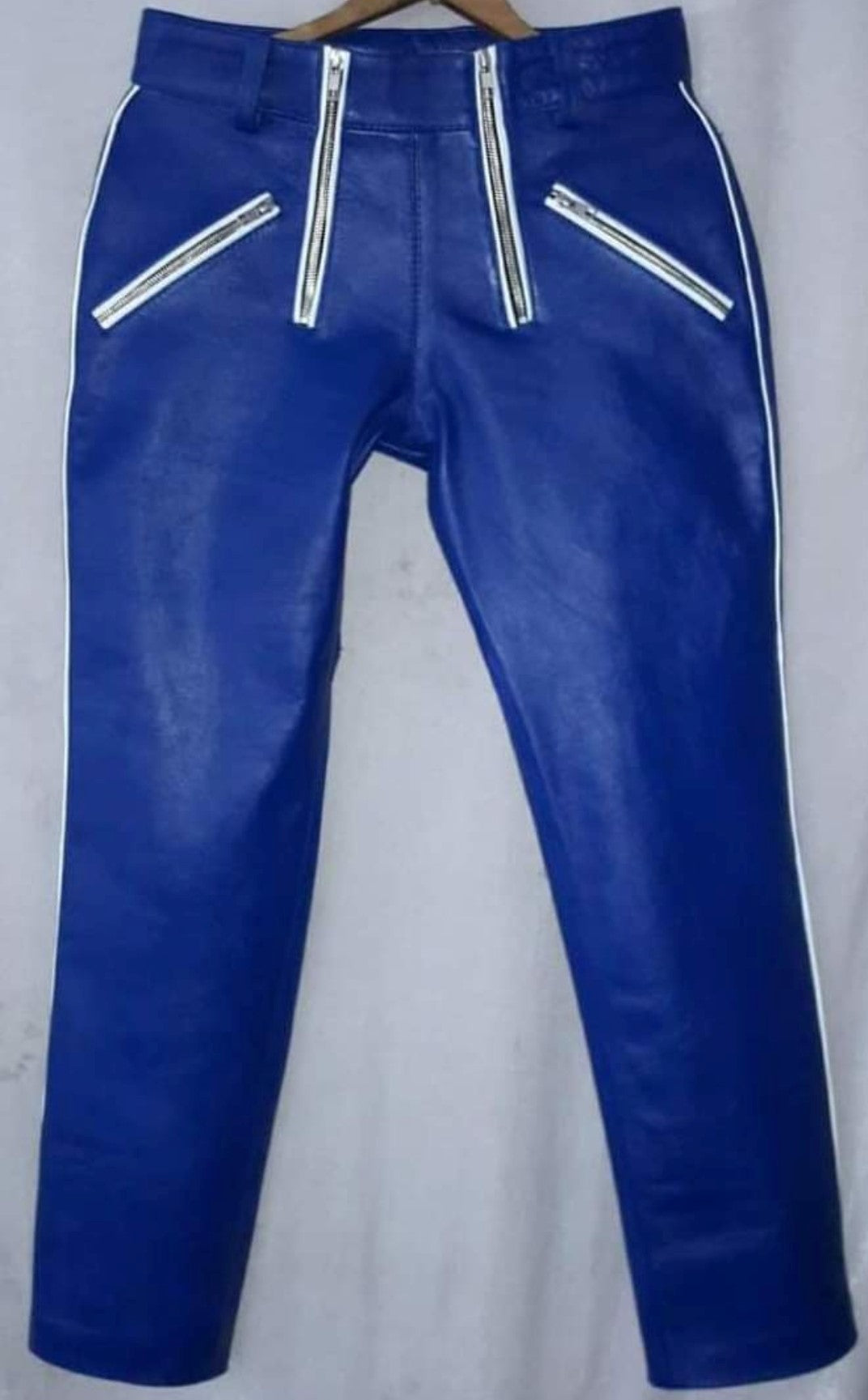 Men's Real Cowhide Leather Carpenter Pants & Police Shirt Blue & White BLUF Suit