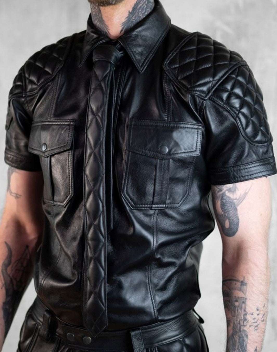 Men's Real Lamb Leather Shirt & Tie Quilted Panels Short Sleeve Police / Bluf Shirt & Quilted Tie