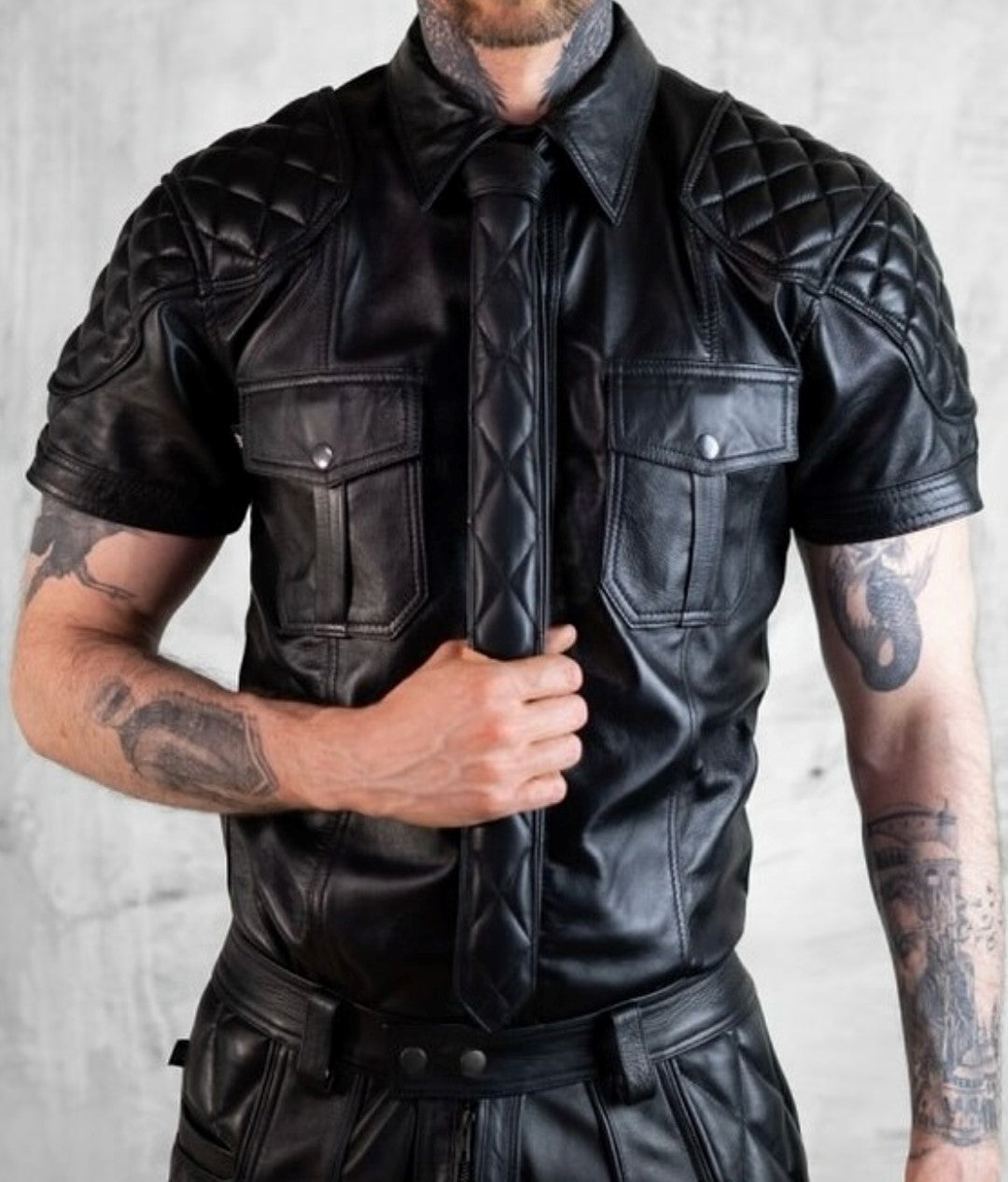Men's Real Lamb Leather Shirt & Tie Quilted Panels Short Sleeve Police / Bluf Shirt & Quilted Tie