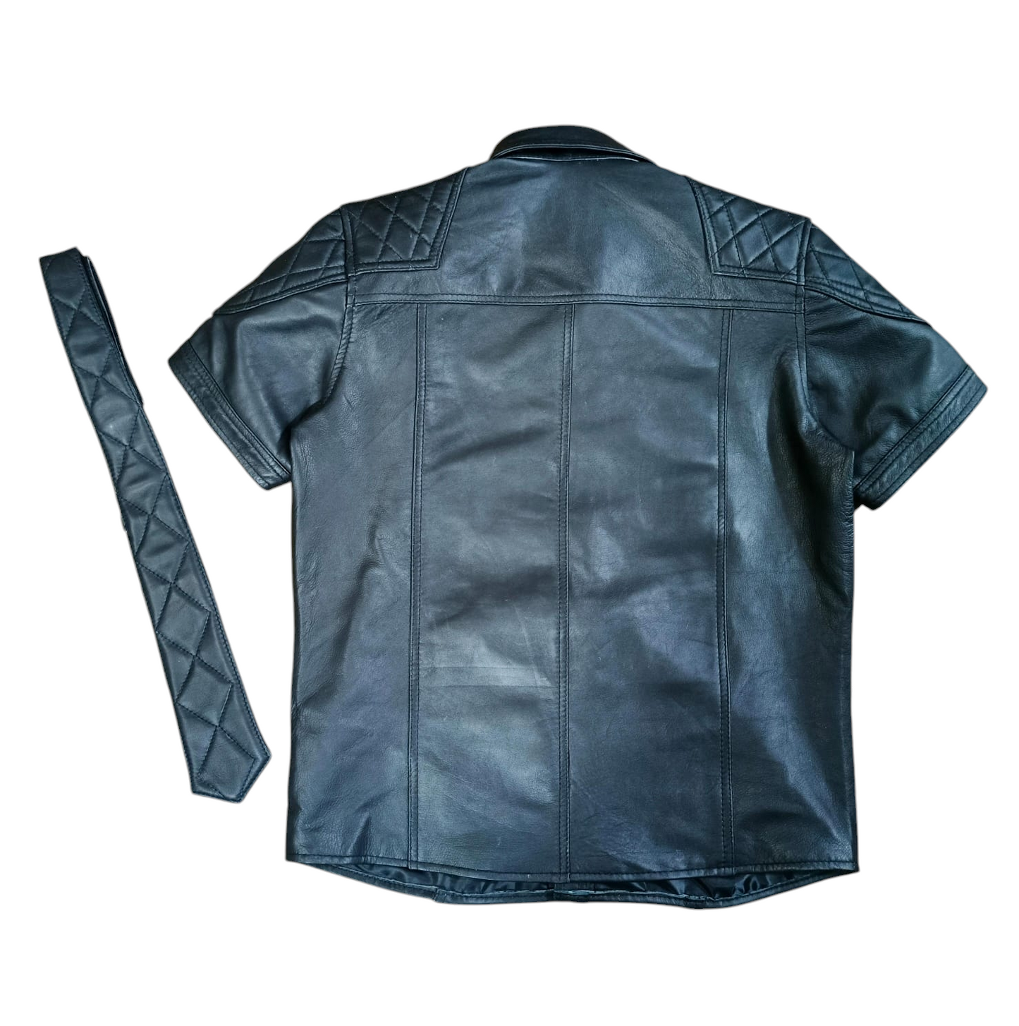 Men's Real Lamb Leather Quilted Panels Short Sleeve Police / Bluf Shirt & Quilted Tie