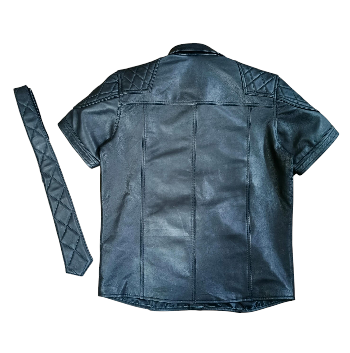 Men's Real Lamb Leather Quilted Panels Short Sleeve Police / Bluf Shirt & Quilted Tie