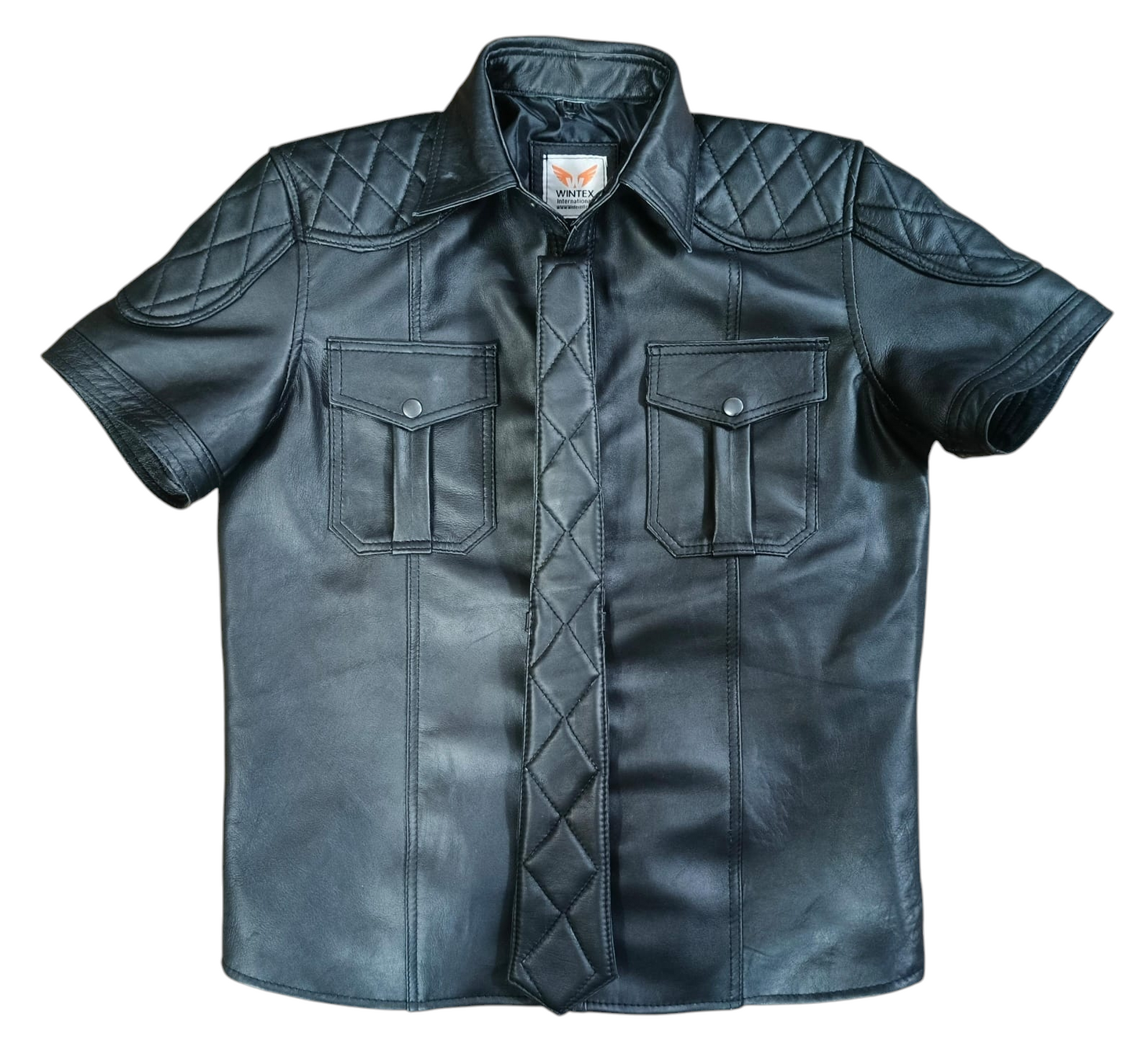 Men's Real Lamb Leather Quilted Panels Short Sleeve Police / Bluf Shirt & Quilted Tie