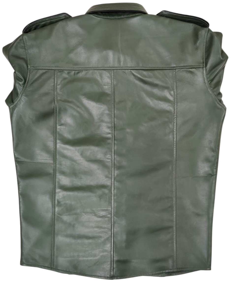 Men's Real Lamb Leather Police Uniform Shirt Sexy Short Sleeves Green Shirt & Tie With Black Piping