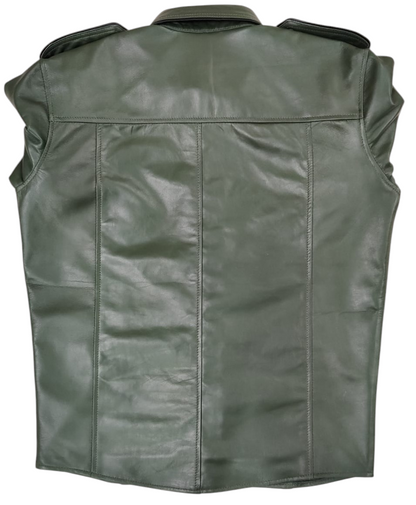 Men's Real Lamb Leather Police Uniform Shirt Sexy Short Sleeves Green Shirt & Tie With Black Piping
