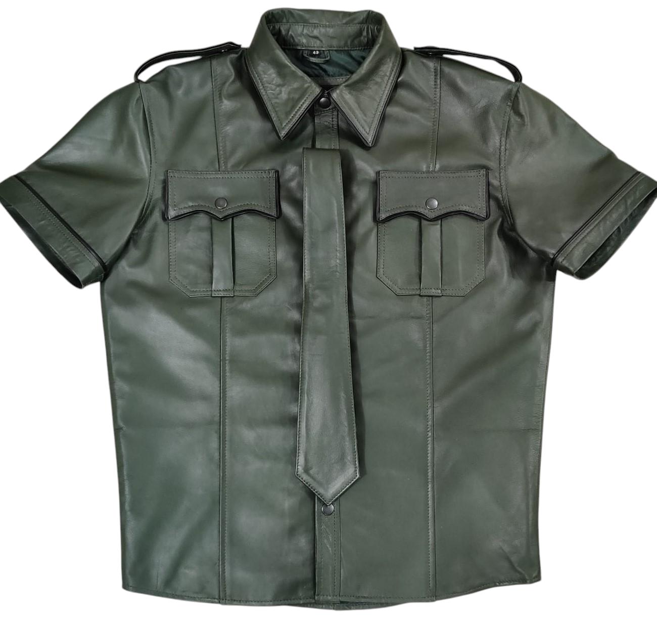 Men's Real Lamb Leather Police Uniform Shirt Sexy Short Sleeves Green Shirt & Tie With Black Piping