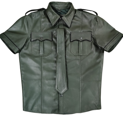 Men's Real Lamb Leather Police Uniform Shirt Sexy Short Sleeves Green Shirt & Tie With Black Piping