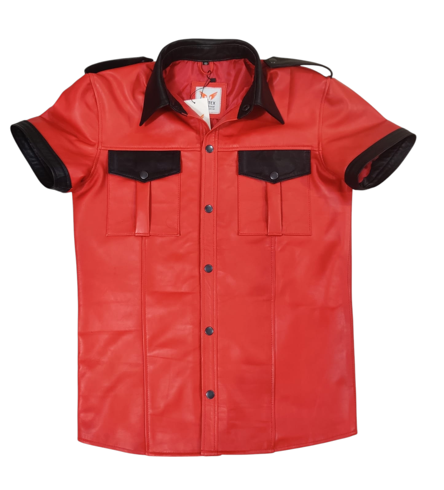 Men’s Lamb Leather Police Shirt Contrast Trims Short Sleeve Bluf Police Shirt