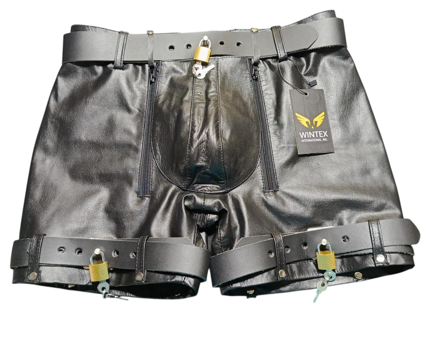 MEN'S REAL LEATHER RESTRAINTS CHASTITY SHORTS WITH FREE PADLOCKS BLUF SHORTS
