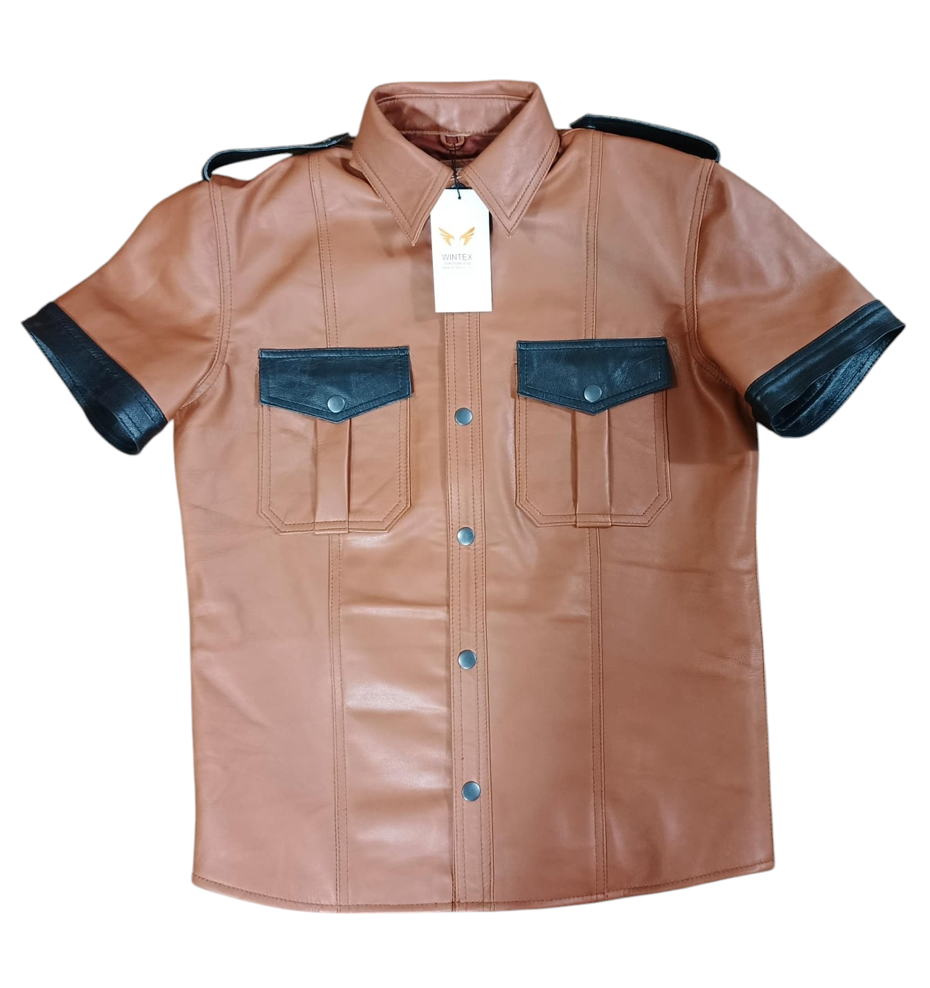 Men's Real Lamb Leather Police Uniform Shirt Sexy Short Sleeve Tan Leather Shirt With Black Trims