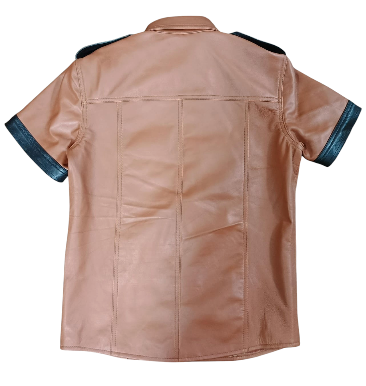 Men's Real Lamb Leather Police Uniform Shirt Sexy Short Sleeve Tan Leather Shirt With Black Trims