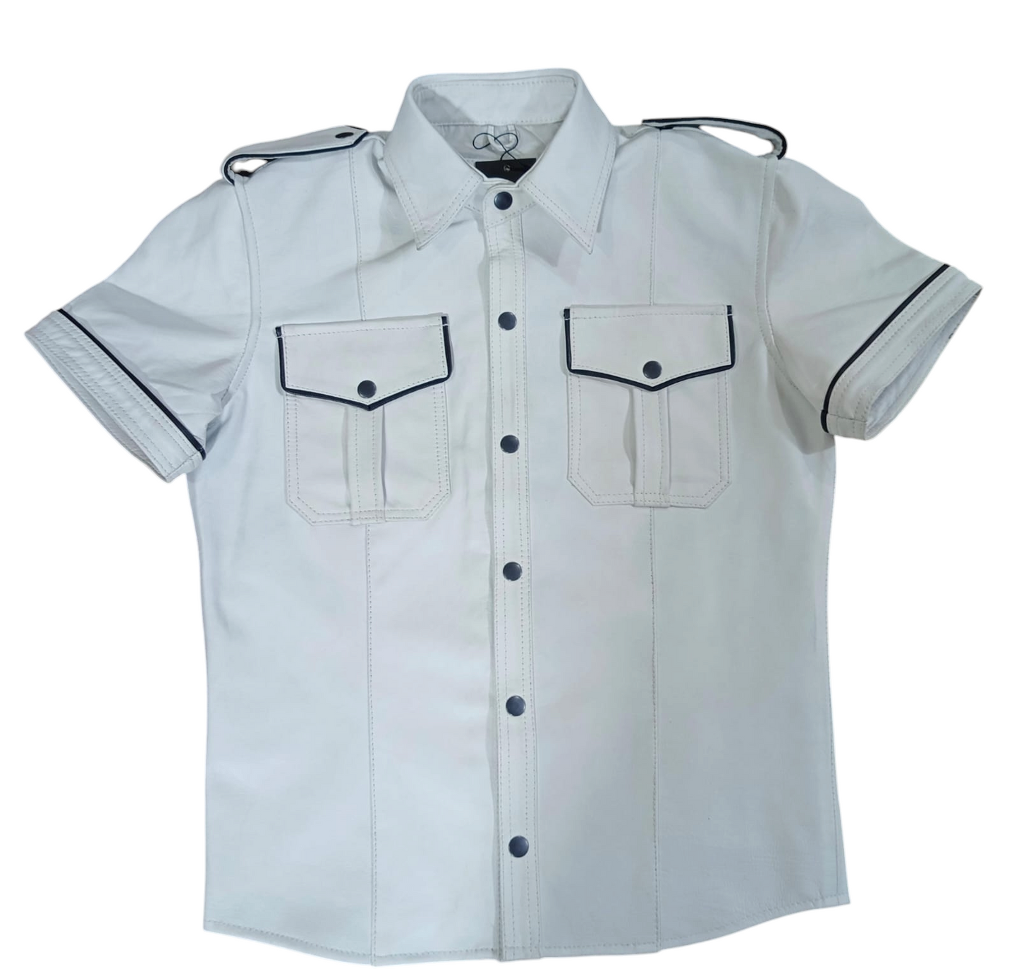 Men's Real Lamb Leather Police Uniform Shirt Sexy Short Sleeves White Shirt With Black Piping