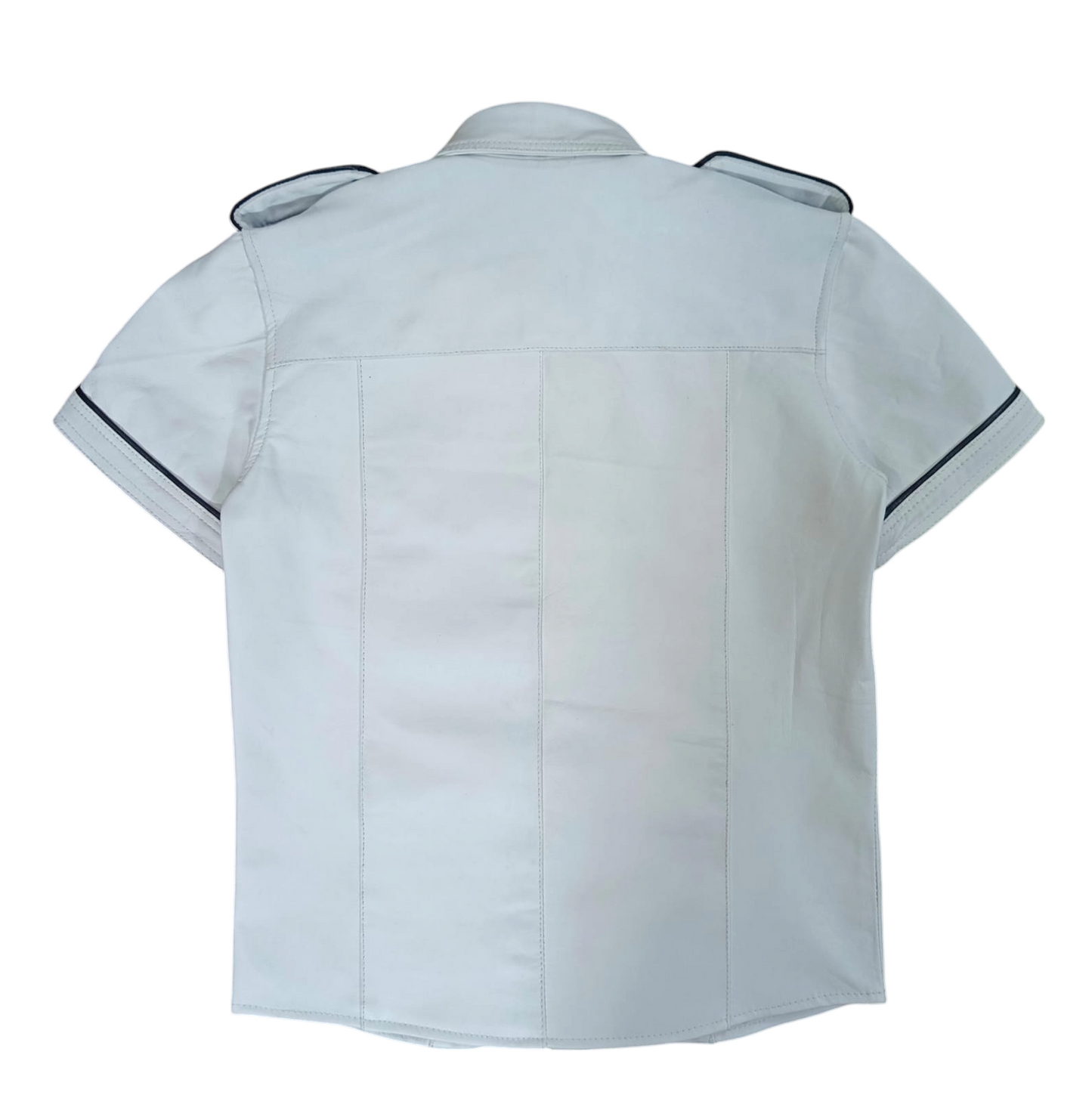 Men's Real Lamb Leather Police Uniform Shirt Sexy Short Sleeves White Shirt With Black Piping
