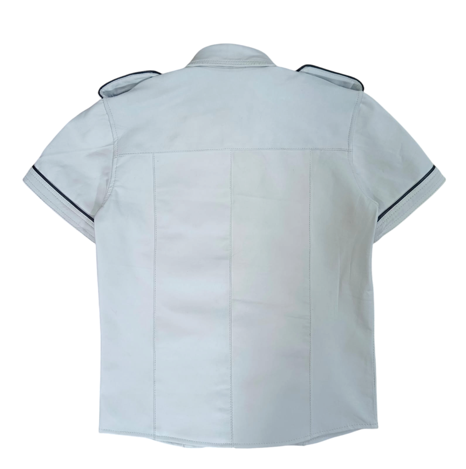 Men's Real Lamb Leather Police Uniform Shirt Sexy Short Sleeves White Shirt With Black Piping