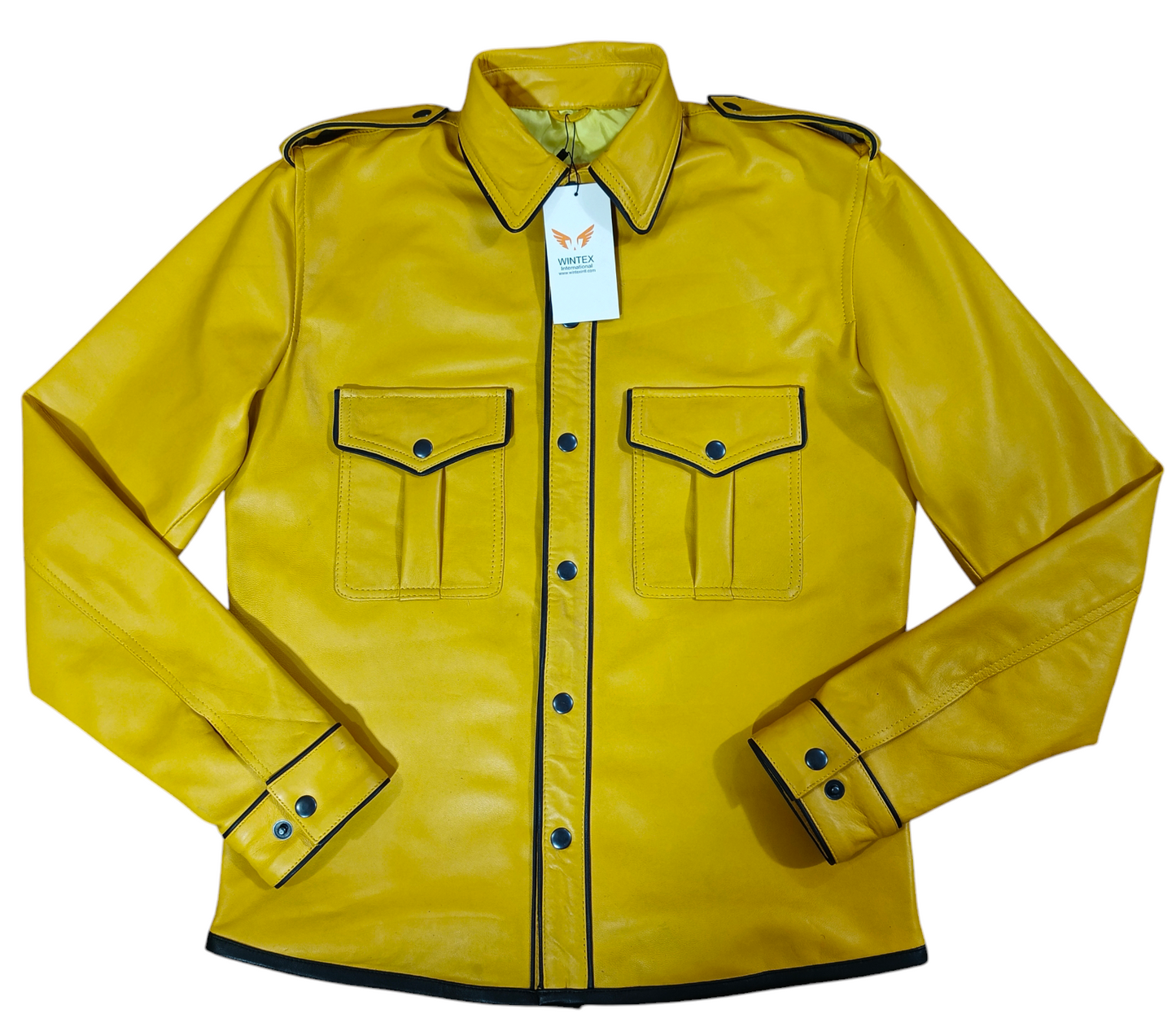Men’s Real Lamb Leather Yellow Police Uniform Long Sleeves Shirt with Black Piping