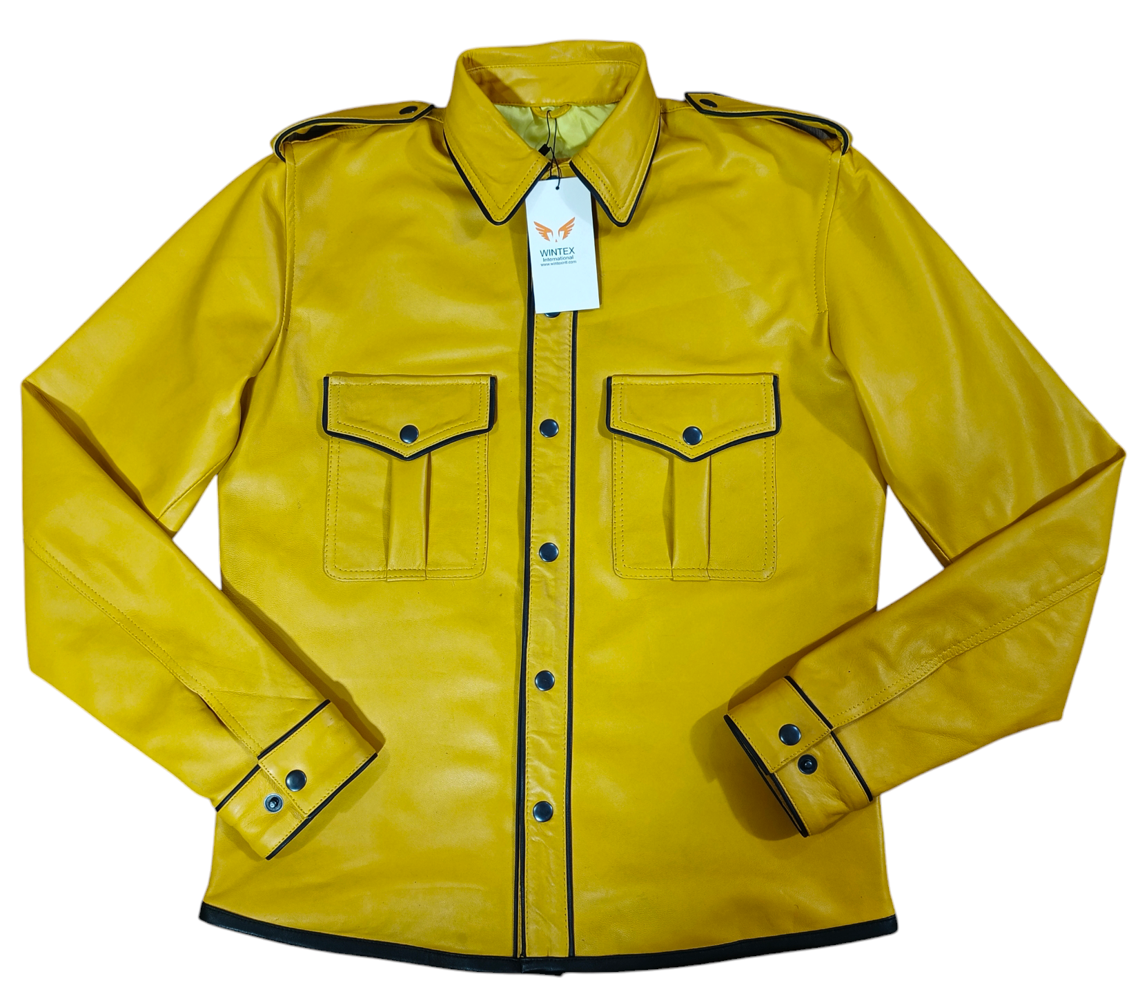 Men’s Real Lamb Leather Yellow Police Uniform Long Sleeves Shirt with Black Piping
