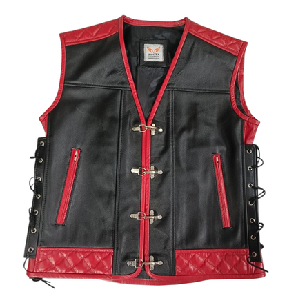 MEN'S REAL LEATHER VEST BIKERS VEST WITH QUILTED PANELS BLACK & BLUE BIKERS VEST