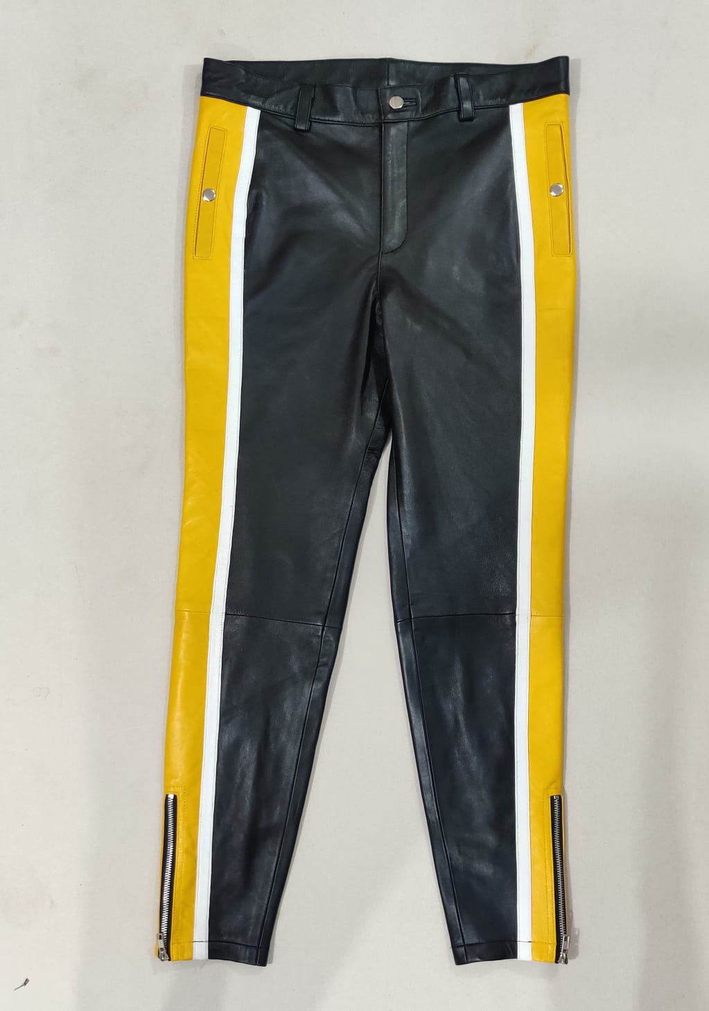 Men's Real Lamb Leather Bikers Pants With Contrast Color Panels / Bikers Trousers