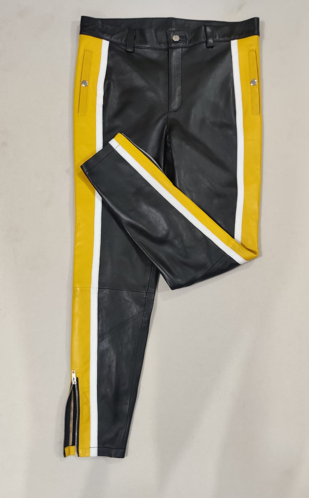 Men's Real Lamb Leather Bikers Pants With Contrast Color Panels / Bikers Trousers