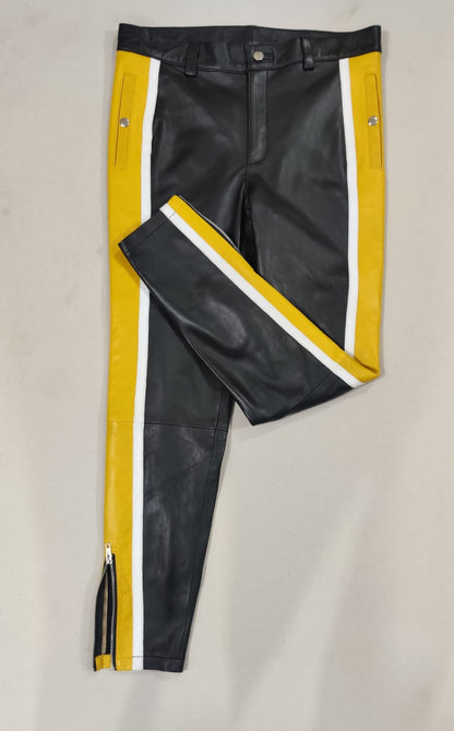 Men's Real Lamb Leather Bikers Pants With Contrast Color Panels / Bikers Trousers
