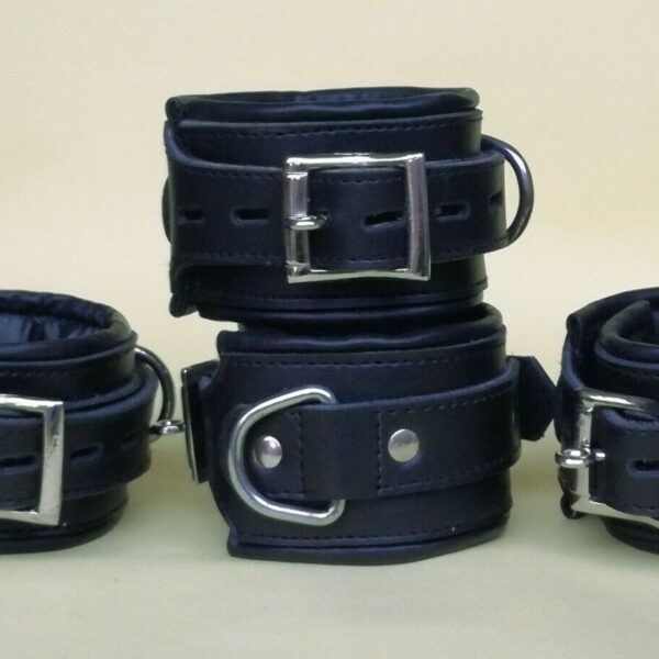  Real Cow Leather Wrist & Ankle Cuffs Set Black 4 Piece