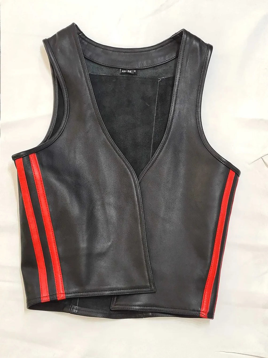Men's Real Leather Bartender Vest Front Open Vest With Colored Side Stripes