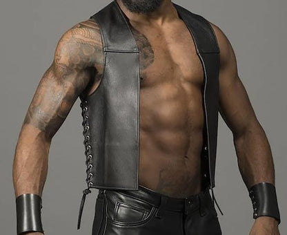 Men's Real Leather Bartender Vest Leather Laces Up Leather Vest Front Open Vest