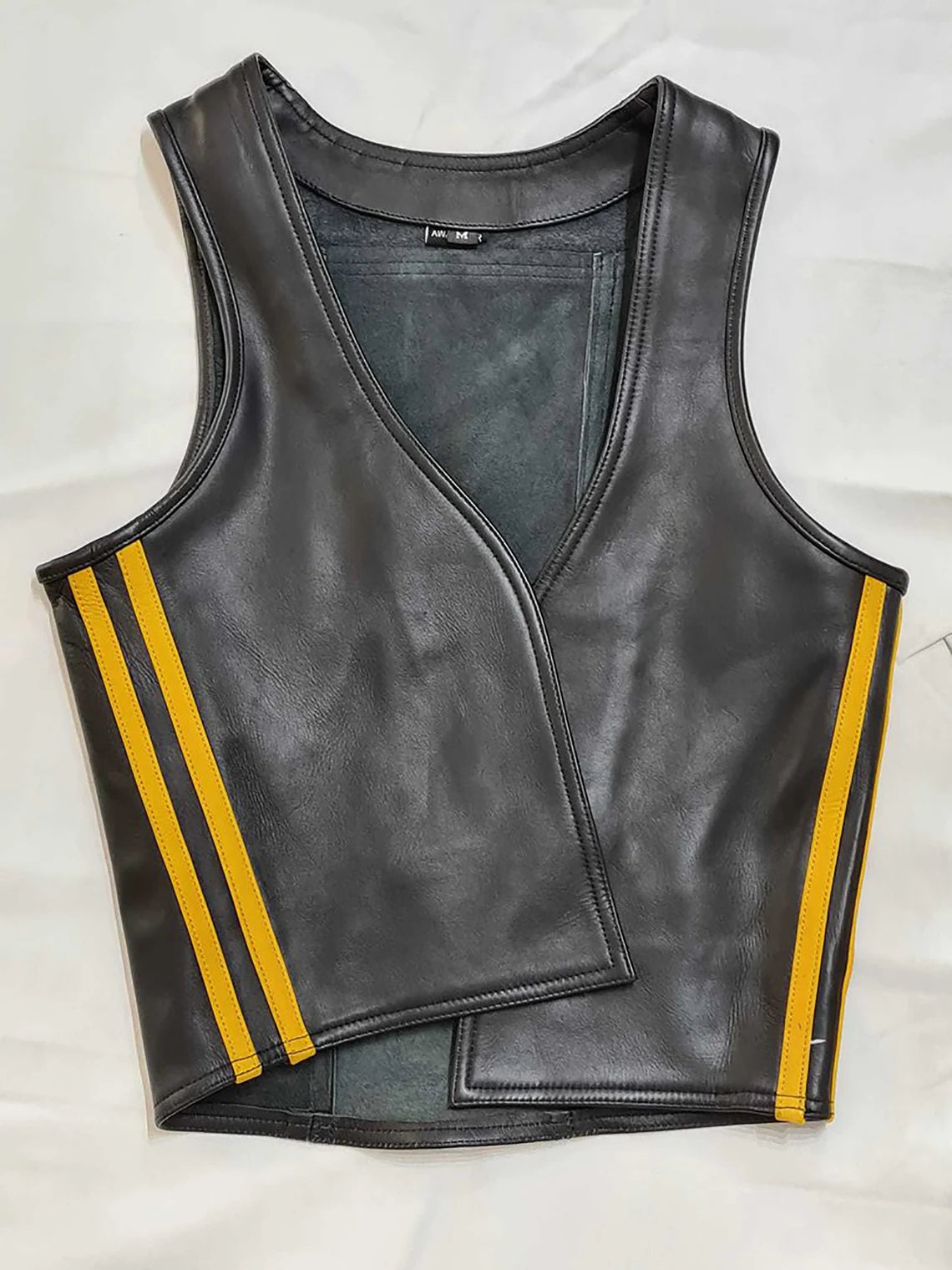 Men's Real Leather Bartender Vest Front Open Vest With Colored Side Stripes