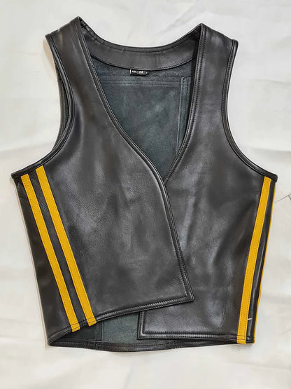 Men's Real Leather Bartender Vest Front Open Vest With Colored Side Stripes