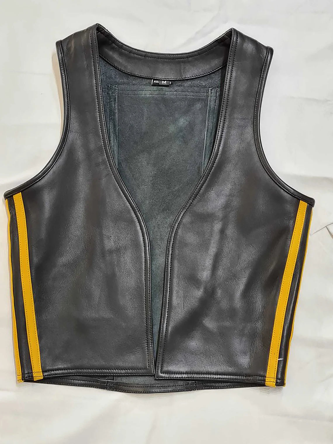 Men's Real Leather Bartender Vest Front Open Vest With Colored Side Stripes