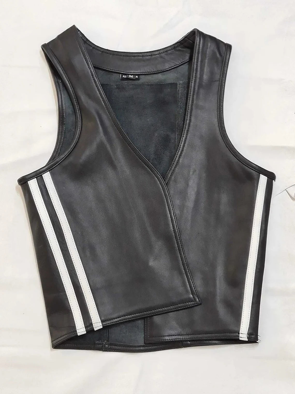 Men's Real Leather Bartender Vest Front Open Vest With Colored Side Stripes