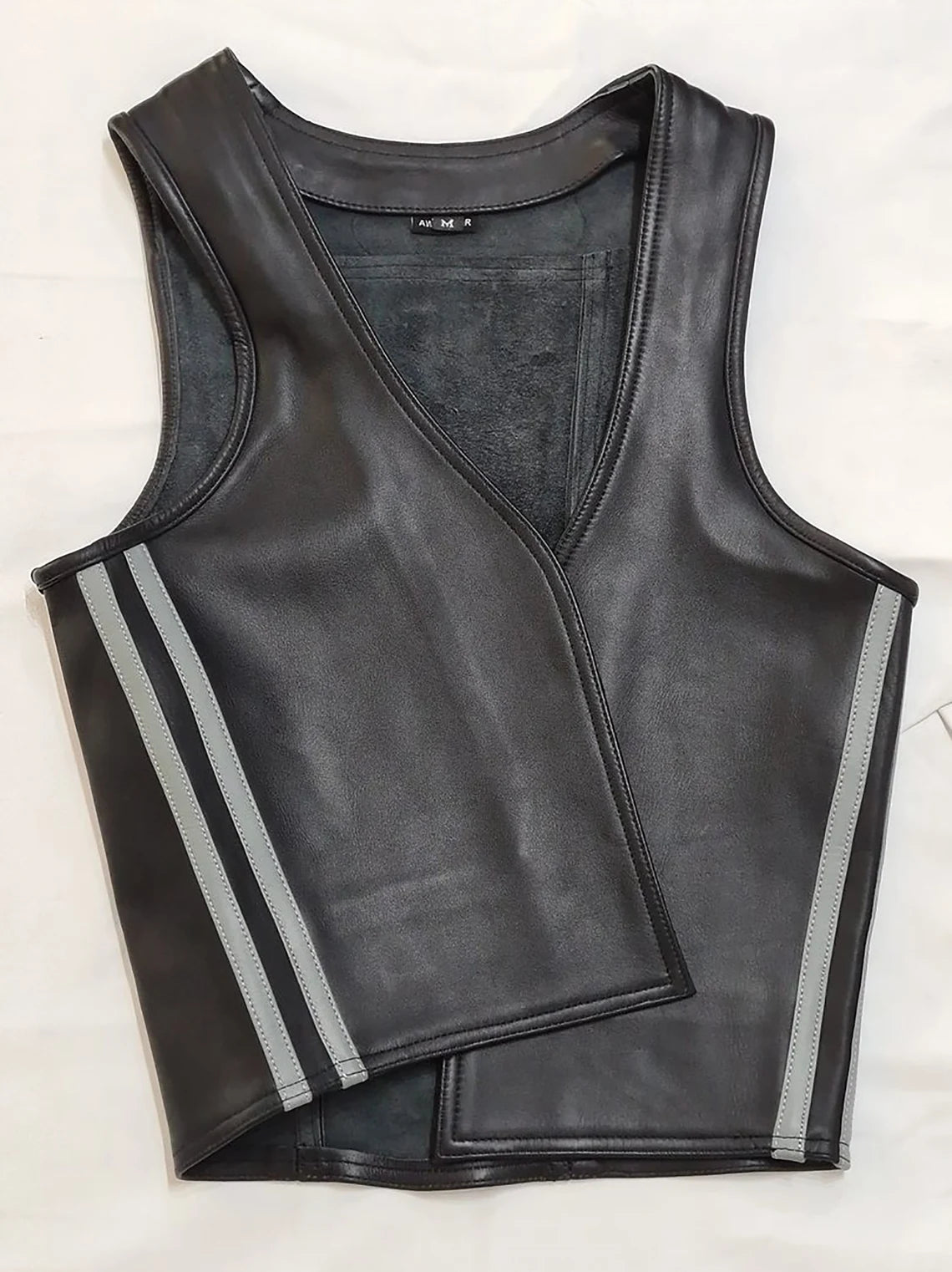 Men's Real Leather Bartender Vest Front Open Vest With Colored Side Stripes
