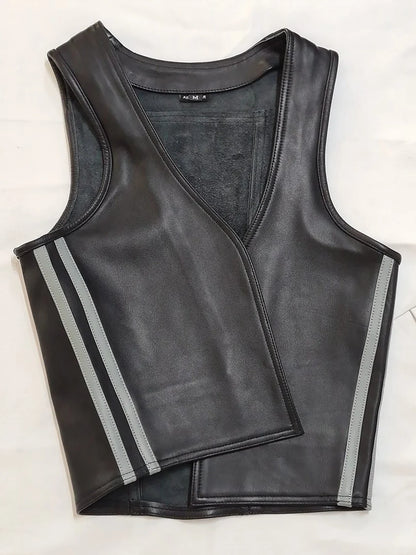 Men's Real Leather Bartender Vest Front Open Vest With Colored Side Stripes