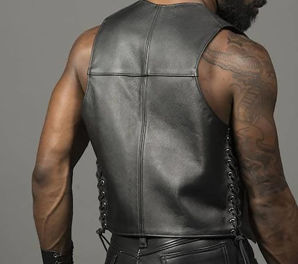 Men's Real Leather Bartender Vest Leather Laces Up Leather Vest Front Open Vest