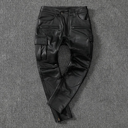 Men's Real Cowhide Leather Cargo Pants Bikers Pants