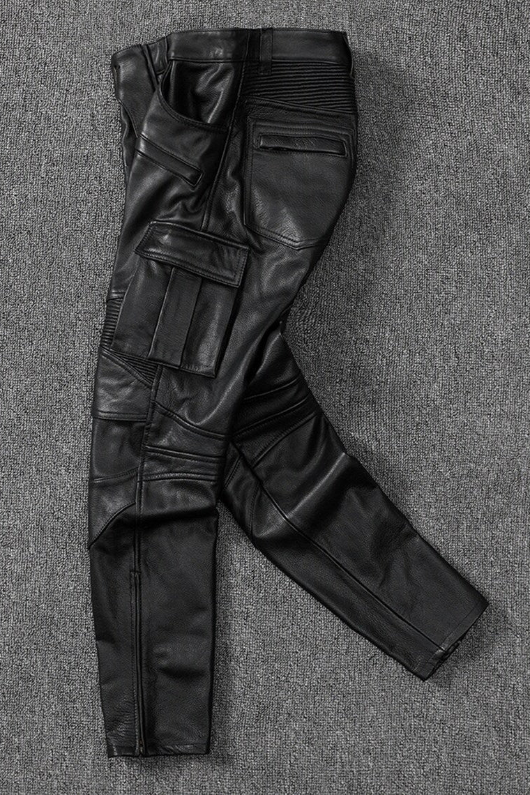 Men's Real Cowhide Leather Cargo Pants Bikers Pants