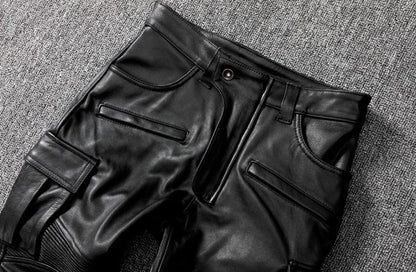 Men's Real Cowhide Leather Cargo Pants Bikers Pants