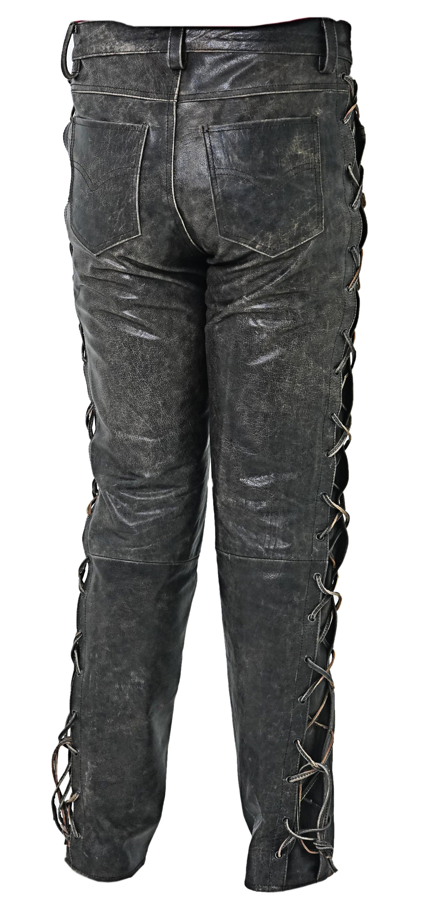 Men's Real Cowhide Distressed Leather Bikers Laces Up Pants 5 Pockets Pants