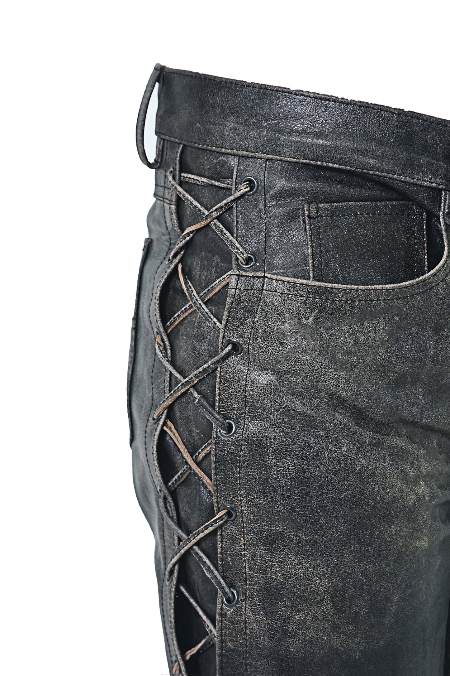 Men's Real Cowhide Distressed Leather Bikers Laces Up Pants 5 Pockets Pants