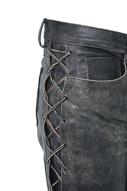 Men's Real Cowhide Distressed Leather Bikers Laces Up Pants 5 Pockets Pants