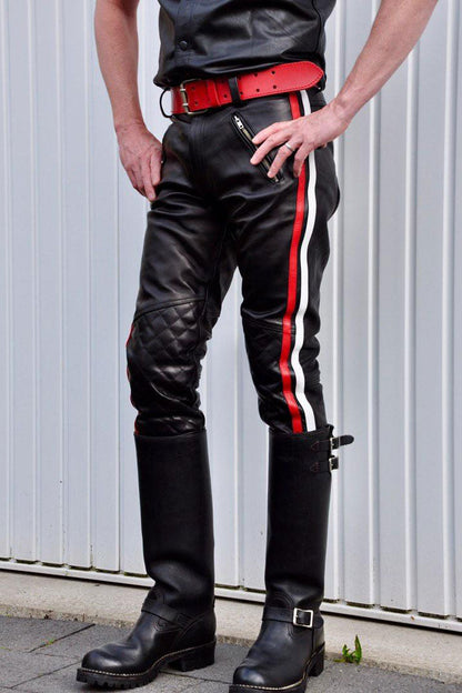 Men’s Real Cowhide Leather Quilted Panels BLUF Bikers Pants with Multi Color Side Stripes