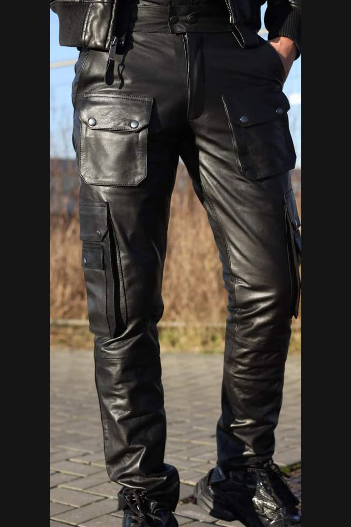 Men's Real Cowhide Leather Cargo Pants Bikers Pants