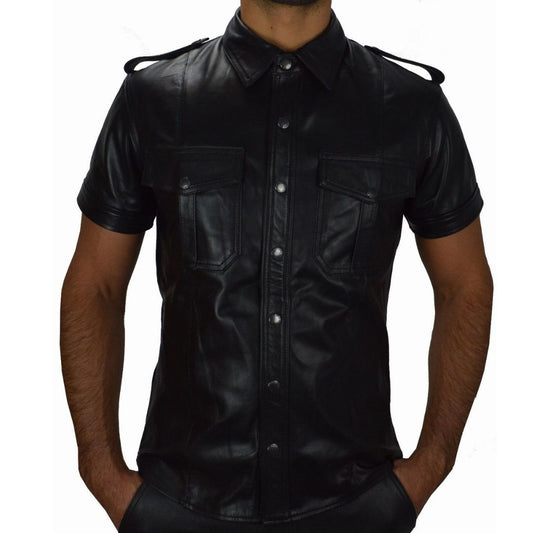 Men's Real Leather Police Shirt Soft Lamb Leather Gay Leather Shirt