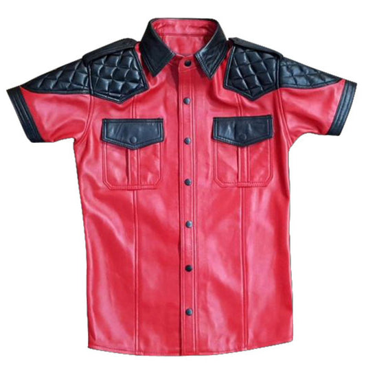 Men's Real Lamb Leather Police/Military Style Quilted Panels Short Sleeve Shirt