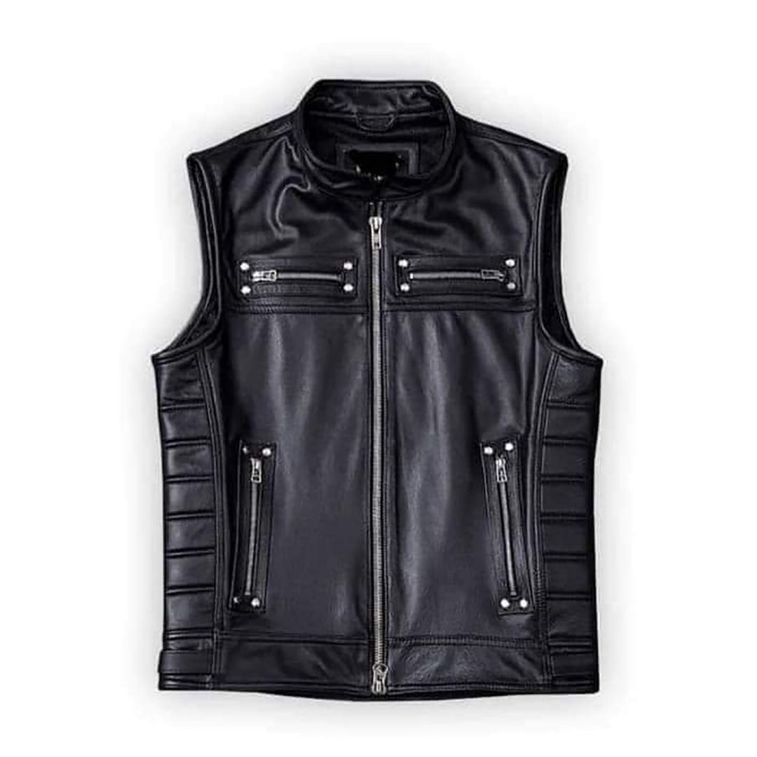 MEN'S REAL COW LEATHER BLACK MOTORCYCLE VEST BIKER VEST / WAISTCOAT