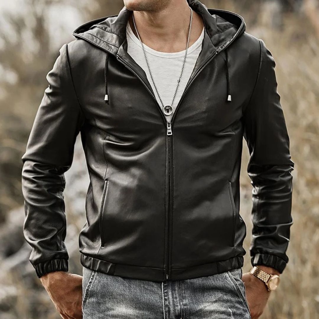 MEN'S REAL NATURAL LAMB LEATHER JACKET WITH HOOD