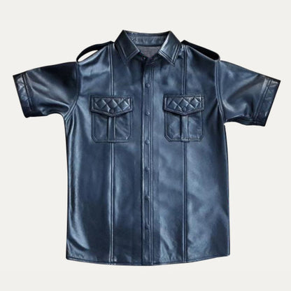 Men's Real Lamb Leather Police Shirt Quilted Panels Gay Leather Shirt