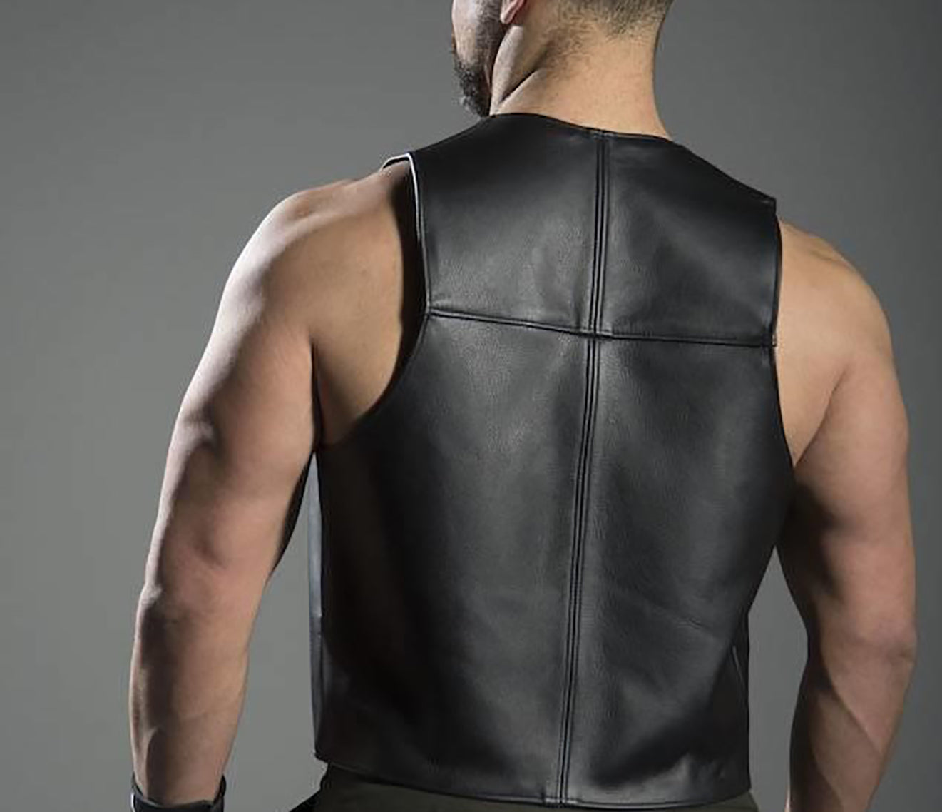 Men's Real Leather Bartender Vest, Front Open, Straight Front Cut, Fully Lined